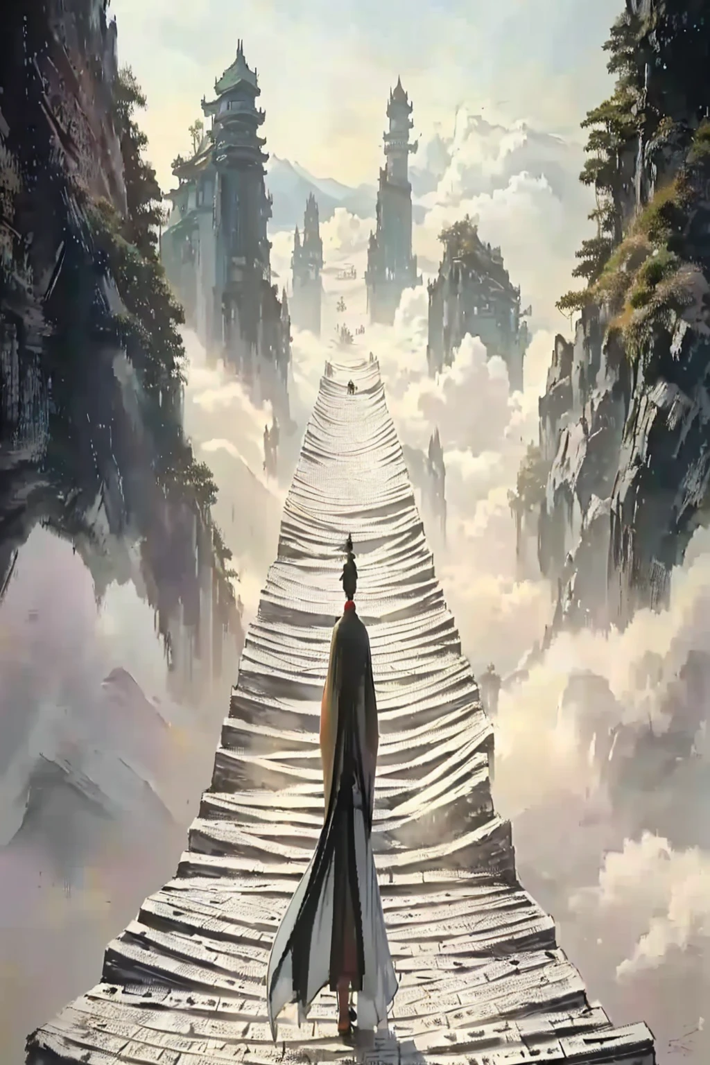 Image of a man standing on the stairs leading to the castle, The Flowery Road to Heaven, author:Yang J, Chinese Fantasy, An ancient road, She is approaching heaven, Sky Bridge, Taoism, author:Han Gan, Taoism大师, To the sky, Heaven's Gate, by Qu Leilei, The Path to Enlightenment, Cloud Palace