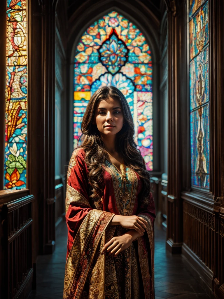 (work of art, maximum quality, best qualityer,offcial art, beautiful and aesthetic:1.2),(1 girl:1.3), 1 girl BREAK stained glass art, colored glass, lead lines, BREAK light transmission vibrant colors, intricate designs, luminous effects, spiritual ambiance