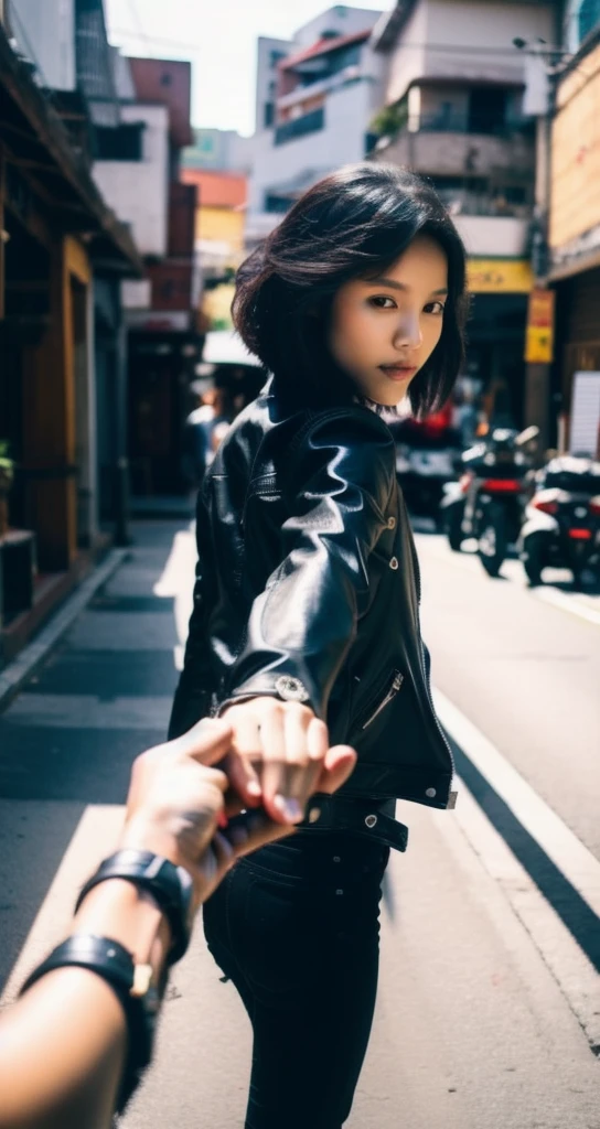 bf_holding_hands,  walking in street of Bandung indonesia, 
detailed,8k, detailed shadow, 1asian girl, Omertosa, short hair, black hair, open jacket, leather jacket, jewelry ,(masterpiece,best quality),
