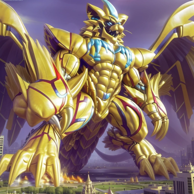 (situation 1 : dominating zeraora. zeraora is over 1000 meters long. focus GIANT mechanical Muscular zeraora is trampling the city. Looking down. macro. stomp. Low-angle perspective. emphasizing the immense size.)

(situation 2 :smoke and flames rising from the destruction in the city)

(Additional details 1: wearing a full-face helmet. golden armor. high-tech bio-mecha armor. real texture material. whole body shines like metal. emphasizes the Very muscles. suit fully made of metal. Robotic suit. suit fully made of metal. cyborg. Armored Flazzard.).

(Additional details 2: Detailed head. Detailed Body. Detailed abs. gigantic muscles. Very hyper muscle. Gigachad Muscular. big muscle. pecs. triceps. traps. unusually developed muscular body. body full of huge muscles. showing off muscles. pectorales enormes. Exaggeratedly huge muscles. huge muscles. long legs.).

(Additional details 3: Spread wings. It has wings. have big wings. The claws are sharp. Sharp teeth).

(Additional details 4: golden hyper penis. hyper golden penis. big penis)