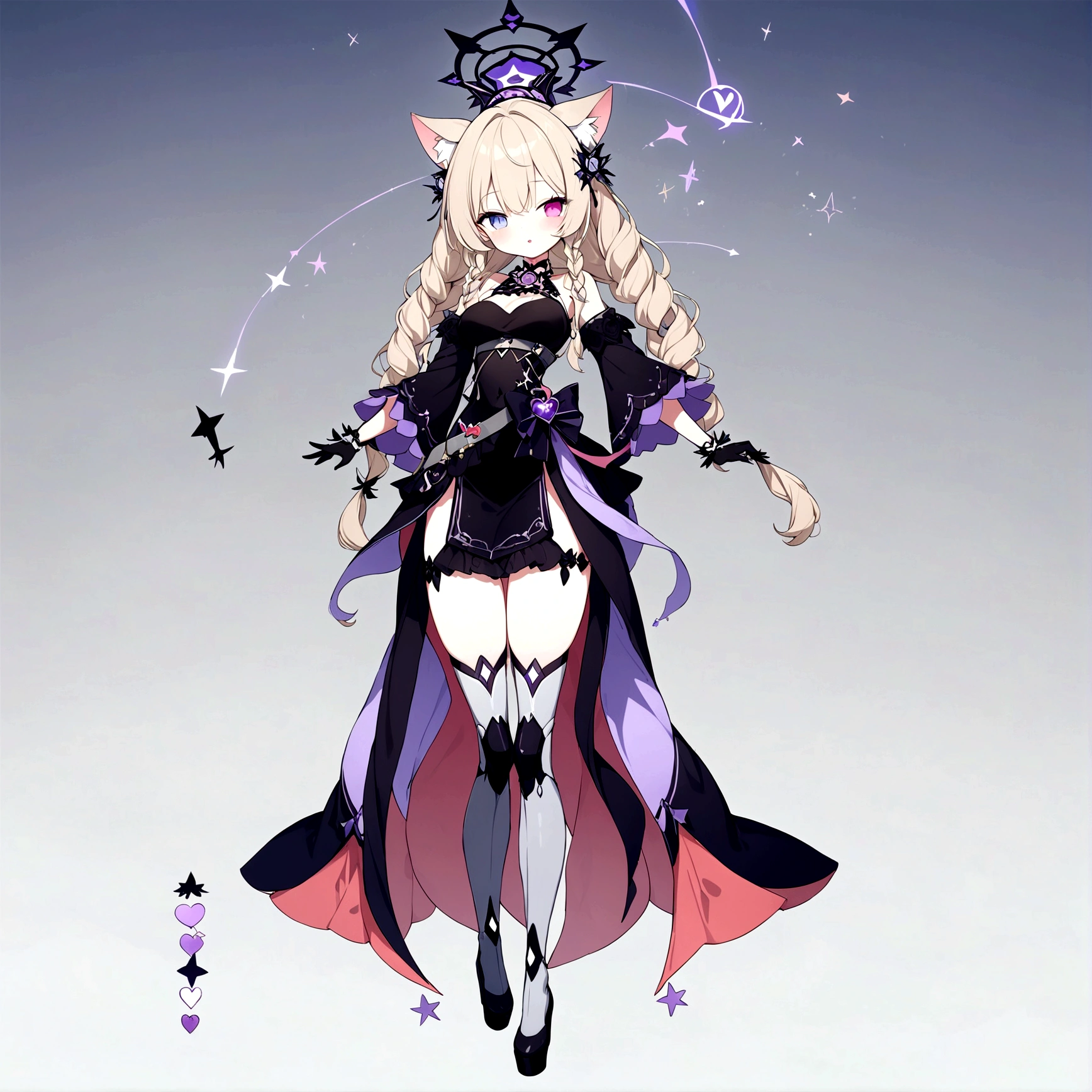 1 woman 180 cm tall. (character design sheet: front view). Dark blonde long hair, slim build. wavy hair with hip length curls, has a short central tuft, She has two short braids on the left and right side of her head with two small ribbons on each front braid.... It has two black serval ears with a gray and purple interior located on the top of its head.... small face. (heterochromia: one gray eye and one purple eye), has small ribbons on the right and left side of the hair. extremely detailed face, Beautiful detailed eyes, beautiful detailed lips. adorable, extremely detailed legs, (Best Quality, 4k, 8k, high resolution), ultra detailed, Exquisite and epic character art... Black platform heels, Elegant one-piece long dress with ruffle skirt and wide sleeves. Drawings of golden gears on the dress., star and ribbon decorations on the dress. black gloves with gold lines. gray belt at the waist with a large ribbon and a bright pink heart in the middle. black necklace with heart emblem on the neck. It has a succubus tail with a small luminous violet star at the tip accompanied by a small ribbon..... (wide hip). Luminous black halo with purple star patterns above his head..... (medium chest size). Thigh High Mechanical Legs in Black and Purple.