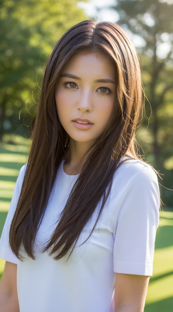((Highest quality, 8K, masterpiece: 1.3)), Sharp focus: 1.2, Perfect Body Beauty: 1.4, Slim Abs: 1.2, ((Dark brown hair, big: 1.2)), (Natural light, Sunny golf course: 1.1), Highly detailed face and skin texture, Fine grain, double eyelid, ((Dynamic Angle)))), Stylish Golf Wear