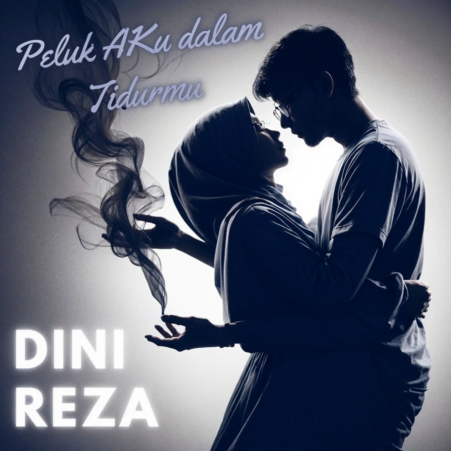 Silhouette of an Indonesian couple embracing in reunion, with a bold gray background and a smoke effect. The woman is wearing a hijab, and the man is wearing a t-shirt and glasses.