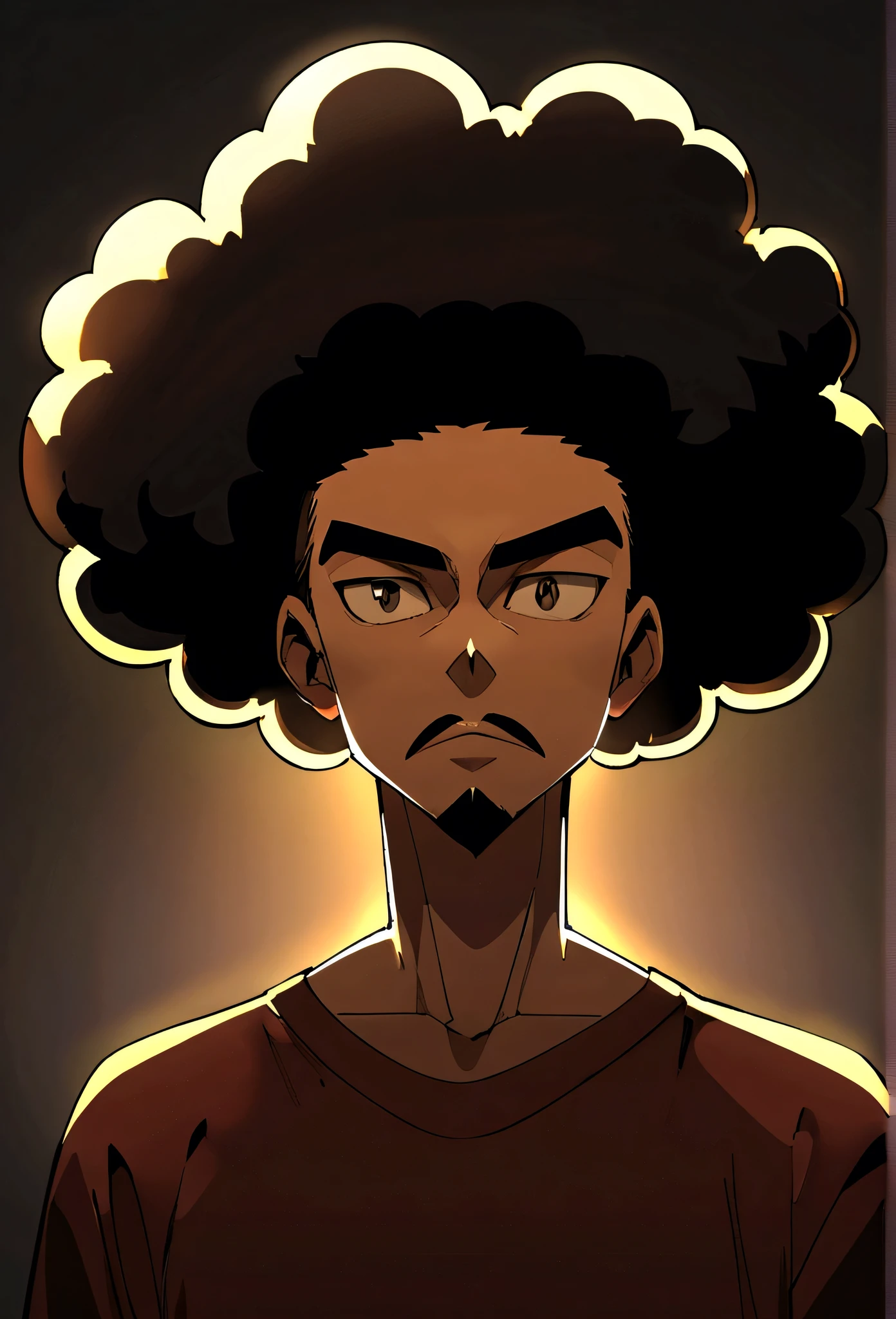 boondocks character ,A 19-year-old Brazilian teenager, brown, short black taper fade hair, very curly afro hair, tall and thin, wearing a , with low taper fade hairstyle, with a goatee and mustache combo, great jawline , thick eyebrows, bigs lip, and model goodlocking face 