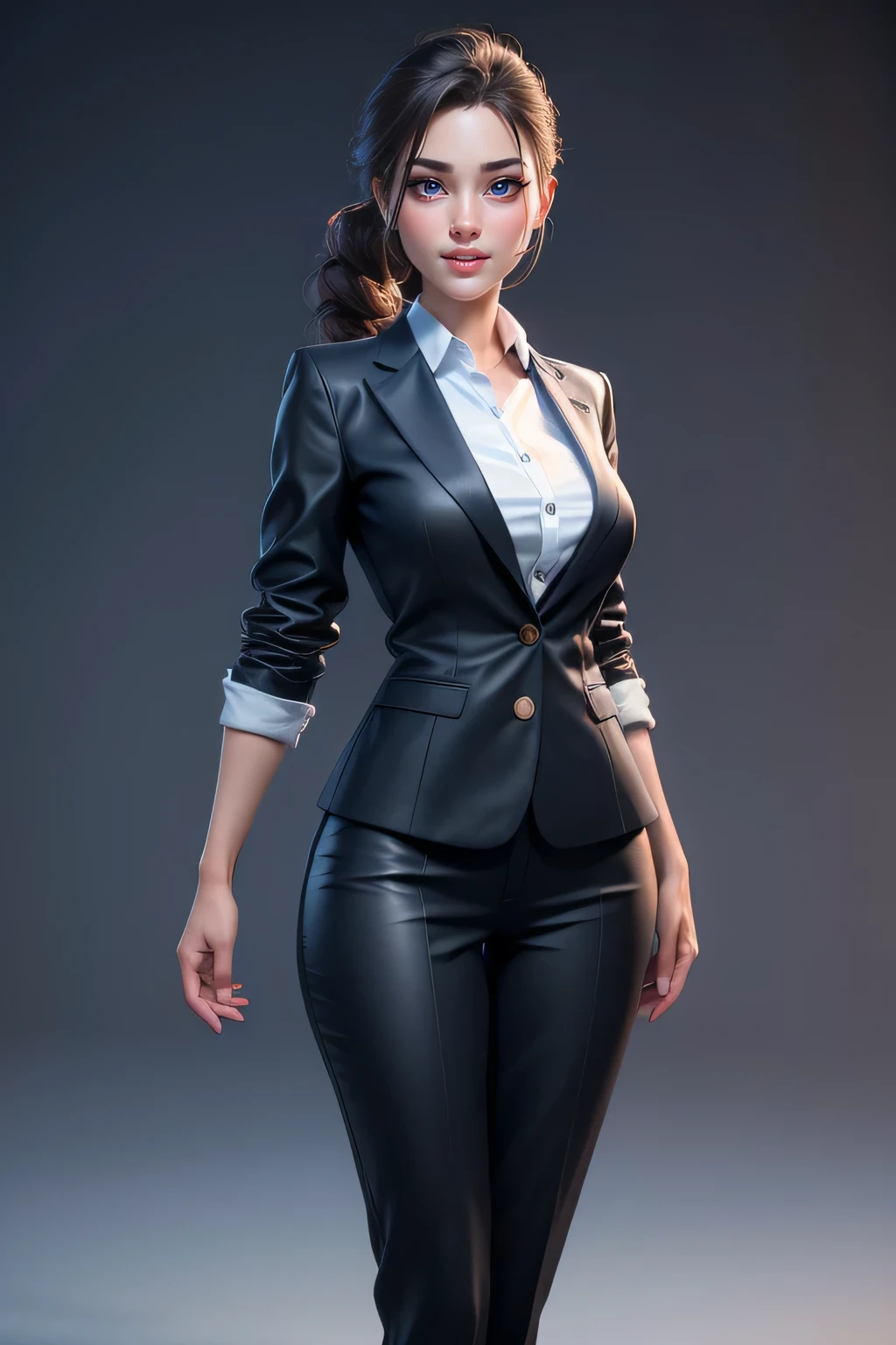 A hyper realistic carricature ,photorealism,of a  woman  30 yo.with random hair style,standing.wearing  office suit ,light smile, high detail,3d render,high definition.medium body