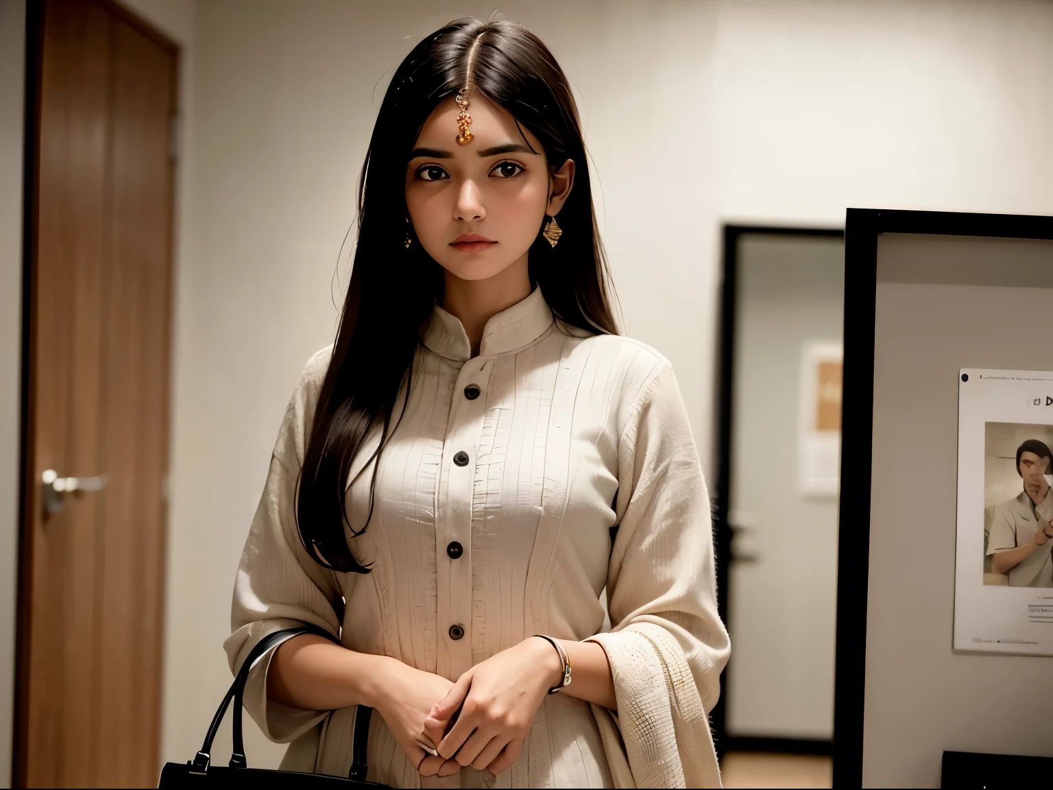 ((best quality)), ((masterpiece)), (detailed), A young Indian woman walking in an office setting with a worried expression on her face and a briefcase in her hand