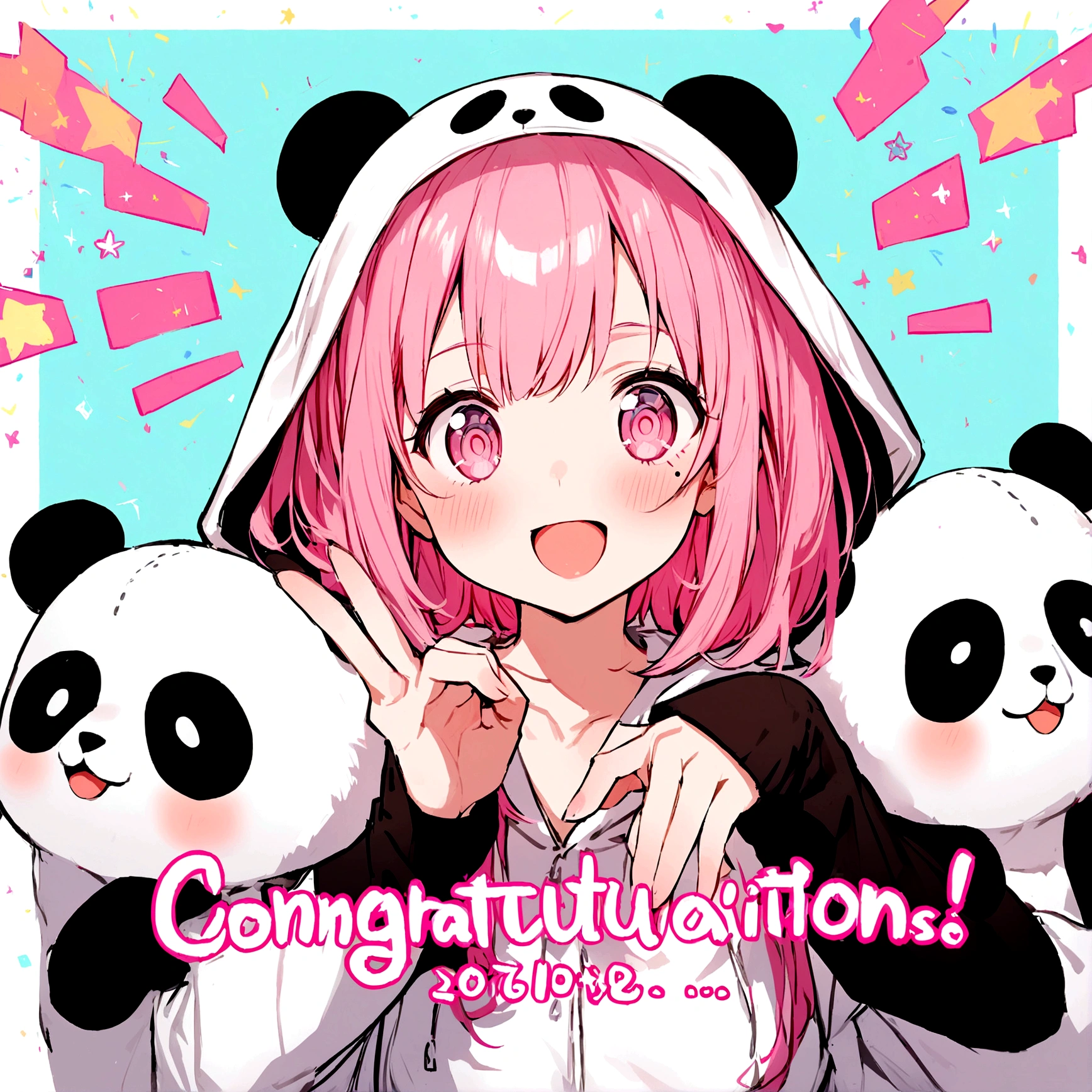 anime、Girl in panda costume、Pink Hair、Mole under the eye、Pink eyeball、Cute pose、Congratulations