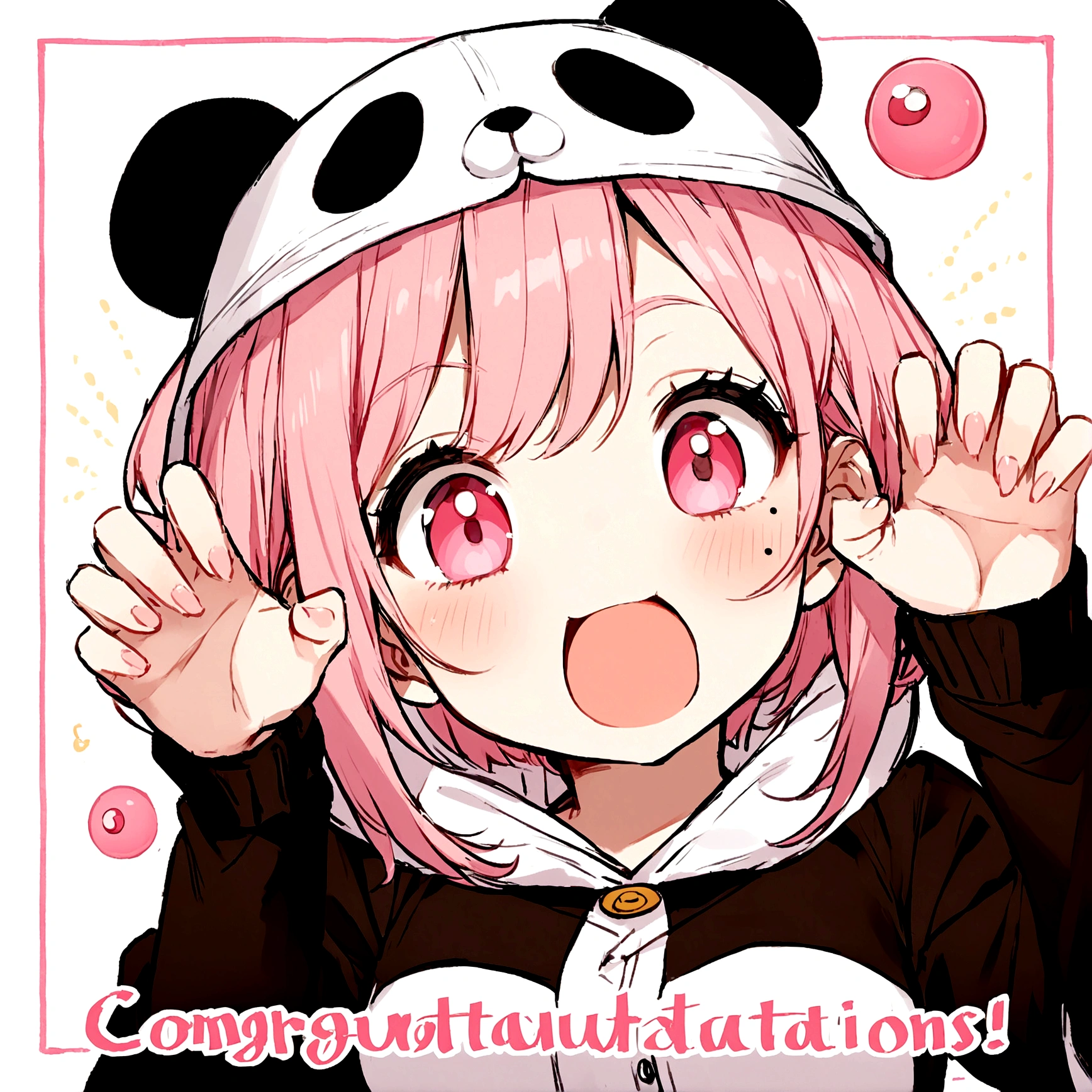 anime、Girl in panda costume、Pink Hair、Mole under the eye、Pink eyeball、Cute pose、Congratulations