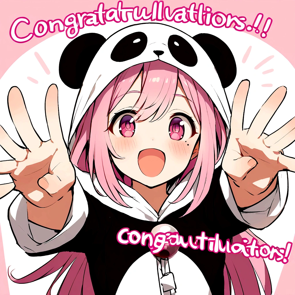 anime、Girl in panda costume、Pink Hair、Mole under the eye、Pink eyeball、Cute pose、Congratulations