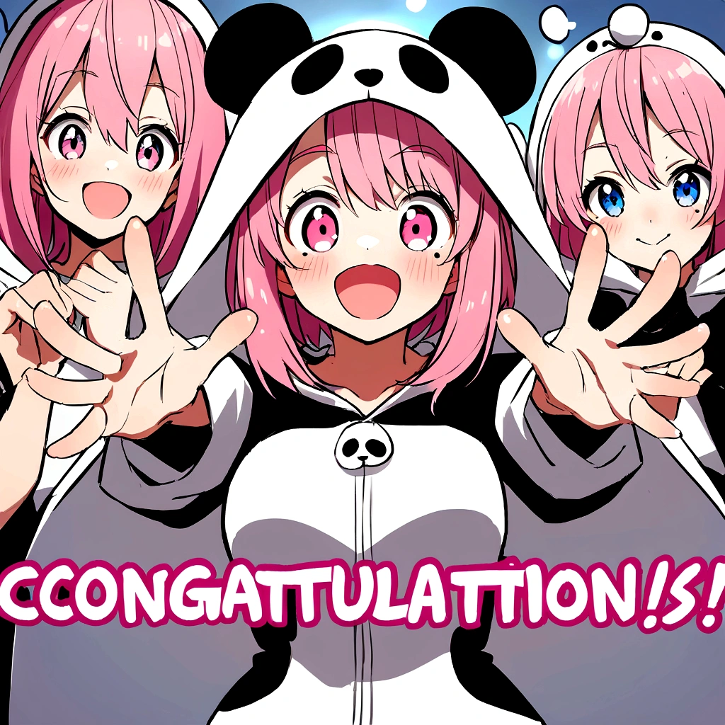 anime、Girl in panda costume、Pink Hair、Mole under the eye、Pink eyeball、Cute pose、Congratulations