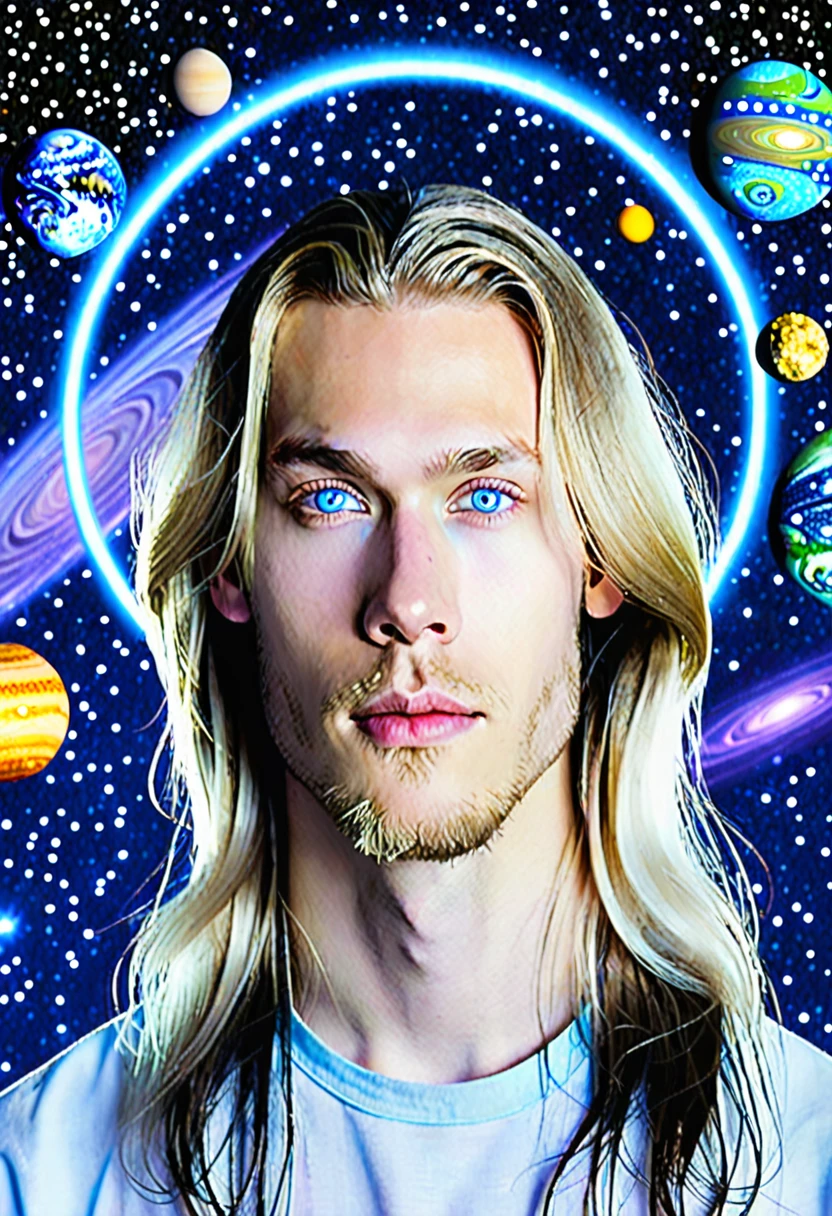 Young light-skinned man, with light blue eyes and long hair, wearing modern clothes. He has a halo with unusual shapes above his head and is floating in space. In the background there are bright stars, spiral galaxies and several planets of different sizes and colors.