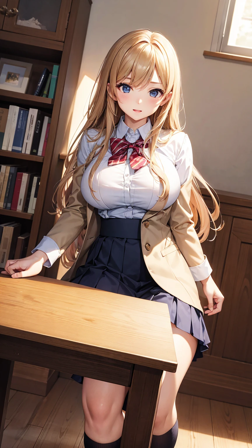 Browsing Caution,(Highest quality, 8k, masterpiece:1.3,beautiful girl), (masterpiece:1.3, Highest quality, Ultra-high resolution, Very detailed),,Beautiful body, Beautiful breasts, Beautiful thighs, Beautiful feet, Beautiful fingers, Glowing Skin,(((Long Hair,blonde,Beautiful Hair))),(Perfect Anatomy, Anatomically correct, Very detailed肌),((Light blue collared shirt, Navy pleated mini skirt, socks, Navy tie, Light brown cardigan, White knee socks)), Pink Panties, School,Library, Vibrator in knee socks, Dynamic Angle,