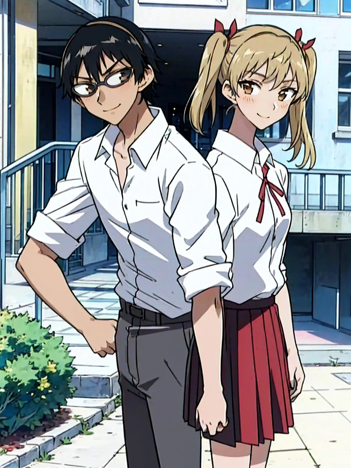 1 boy and 1 girl stand in the street,twintails,sawachika eri, brown eyes, hair ribbon,harimakenji, glasses, ,school uniform, red pleated skirt,eri,hairband, looking_at_viewer, serious, gakuran, white_shirt,smile,happy,two persons