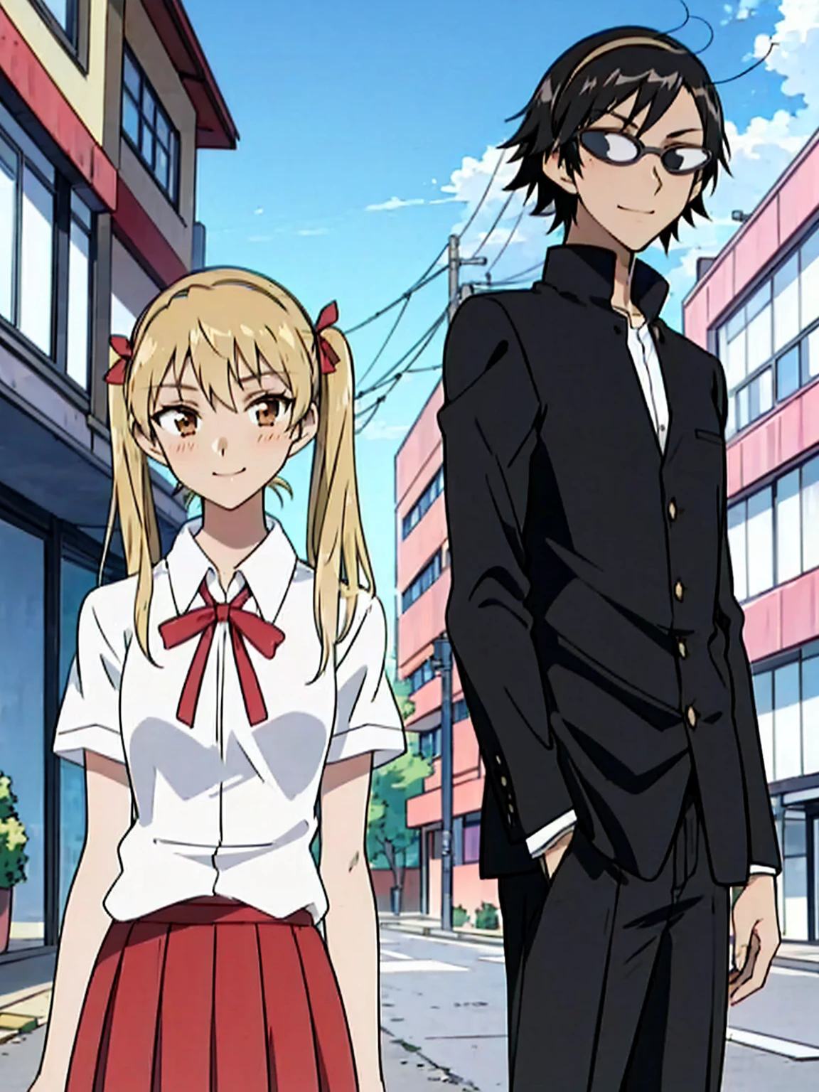 1 boy and 1 girl stand in the street,twintails,sawachika eri, brown eyes, hair ribbon,harimakenji, glasses, ,school uniform, red pleated skirt,eri,hairband, looking_at_viewer, serious, gakuran, white_shirt,smile,happy,two persons