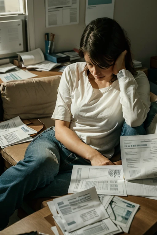 A person is sitting in his living room, surrounded by bills and papers spread across the table. She has her head in her hands, visibly worried and sad. The light is soft and there is an air of tension in the air.