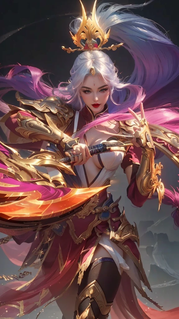 (8k, RAW photo, best quality, masterpiece:1.2),(realistic, photo-realistic:1.4), ultra-detailed, extremely detailed cg 8k wallpaper,(crystalstexture skin:1.2), (extremely delicate and beautiful),8k photo, super high quality, super realistic, super 10x pixels, optical, bright studio, bright edges, dual-tone lighting, (high-detail skin:1.2), super 8k, soft lighting, high quality, volumetric lighting, photorealistic, photorealistic high resolution, lighting, best photo, 4k, 8k quality,a woman with a sword and a crown on her head, extremely detailed artgerm, onmyoji detailed art, heise jinyao, ig model | artgerm, by Yang J, artgerm detailed, ne zha from smite, splash art, style artgerm, irelia, concept art | artgerm, official splash art,no bra,glowing sword,glowing hand,hot vibes,white hair