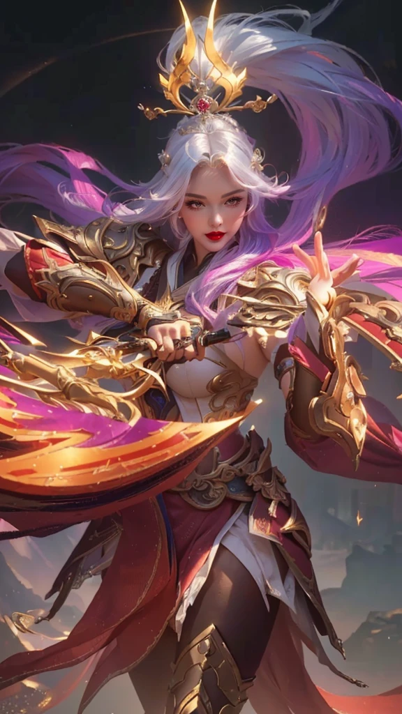 (8k, RAW photo, best quality, masterpiece:1.2),(realistic, photo-realistic:1.4), ultra-detailed, extremely detailed cg 8k wallpaper,(crystalstexture skin:1.2), (extremely delicate and beautiful),8k photo, super high quality, super realistic, super 10x pixels, optical, bright studio, bright edges, dual-tone lighting, (high-detail skin:1.2), super 8k, soft lighting, high quality, volumetric lighting, photorealistic, photorealistic high resolution, lighting, best photo, 4k, 8k quality,a woman with a sword and a crown on her head, extremely detailed artgerm, onmyoji detailed art, heise jinyao, ig model | artgerm, by Yang J, artgerm detailed, ne zha from smite, splash art, style artgerm, irelia, concept art | artgerm, official splash art,no bra,glowing sword,glowing hand,hot vibes,white hair
