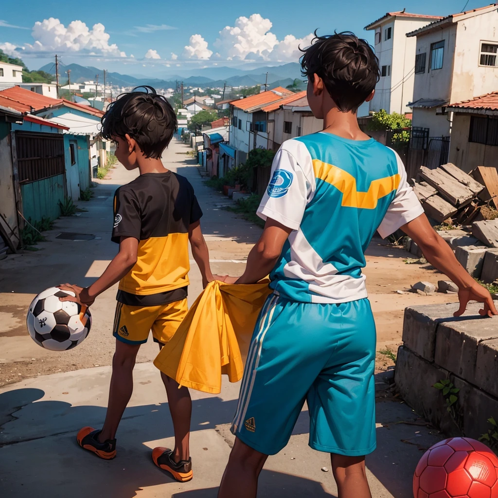 Make a high definition drawing-style image with soft, not-so-sharp strokes, depicting a brown-skinned boy from the back, holding a soccer ball with one hand. The boy must be looking at a Brazilian favela in the background, with colorful houses stacked on hills, capturing the vibrant atmosphere and reality of the community. The image should not have rich details and vibrant colors, but it must reflect both the hope and the challenges of the environment.