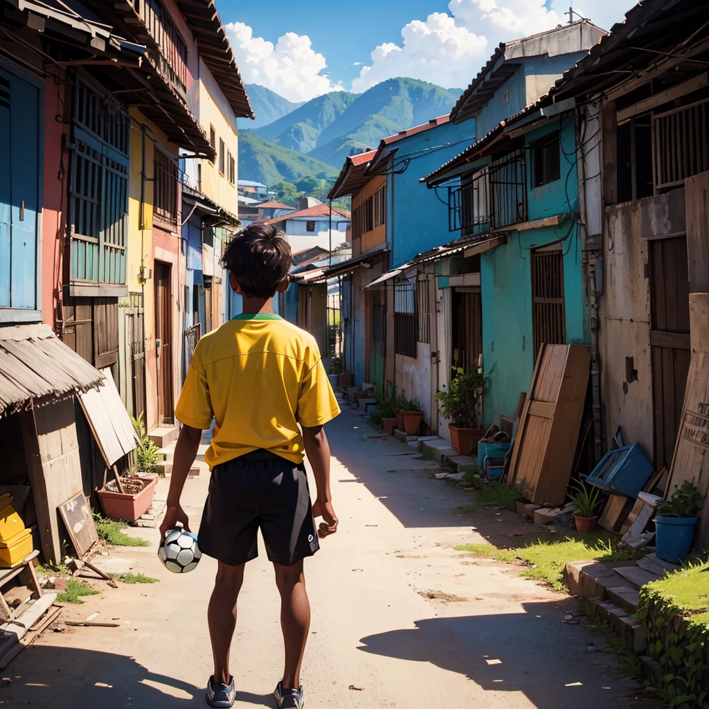 Make a high definition drawing-style image with soft, not-so-sharp strokes, depicting a brown-skinned boy from the back, holding a soccer ball with one hand. The boy must be looking at a Brazilian favela in the background, with colorful houses stacked on hills, capturing the vibrant atmosphere and reality of the community. The image should not have rich details and vibrant colors, but it must reflect both the hope and the challenges of the environment.