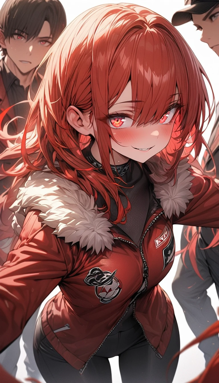 (masterpiece), (top quality), highly detailed, HDR, 1 girl, solo focus, black and red sports jacket, trousers, perfect face, long red hair, big eyes, red eyes, perfect eyes, fur eyes, highly detailed faces, standing, white beckground