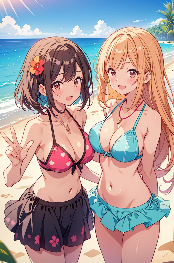 Two women in bikinis standing on the beach near the sea,cute, , Cleavage, Big Breasts, peace sign, Two Girls __color__ Wearing swimsuits enjoying vacation on a resort beach, Group shot, Sisters, Heart Necklace, accessories,
Vibrant colors that leave an impression, 8k wallpaper,Bokeh, Depth of written boundary, Portraiture,
(cute illustration:1.2), High resolution, Super detailed, Highest quality, The cityscape of a resort beach town, Beach Scenery, crowd, Swarm, smile, fun,