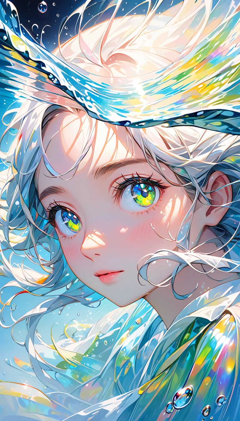 Girl swimming underwater,Ultra-detailed rendering style,shine,yellow,green,Brush,Surreal oil painting,Shining Eyes,Head close-up,Exaggerated perspective,Tyndall effect,Water Drop,Mother of pearl rainbow color,holographic white,Black background,