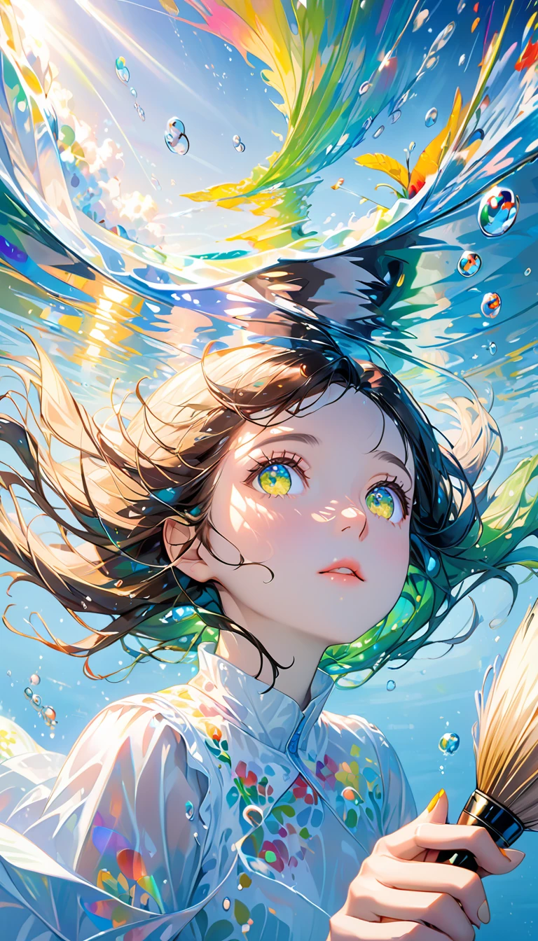 Girl swimming underwater,Ultra-detailed rendering style,shine,yellow,green,Brush,Surreal oil painting,Shining Eyes,Head close-up,Exaggerated perspective,Tyndall effect,Water Drop,Mother of pearl rainbow color,holographic white,Black background,