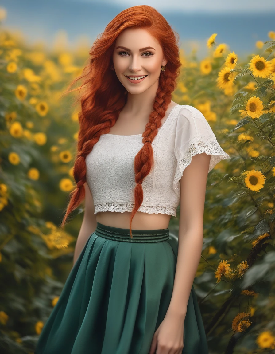 masterpiece, best quality, gorgeous pale american cute girl, smiling, (crop top), red hair loose braided hair, short polca skirt, lean against a tree, field, flowers smiling, perfectly symmetrical face, detailed skin, elegant, alluring, attractive, amazing photograph, masterpiece, best quality, 8K, high quality, photorealistic, realism, art photography, Nikon D850, 16k, sharp focus, masterpiece, breathtaking, atmospheric perspective, diffusion, pore correlation, skin imperfections, DSLR, 80mm Sigma f2, depth of field, intricate natural lighting, looking at camara