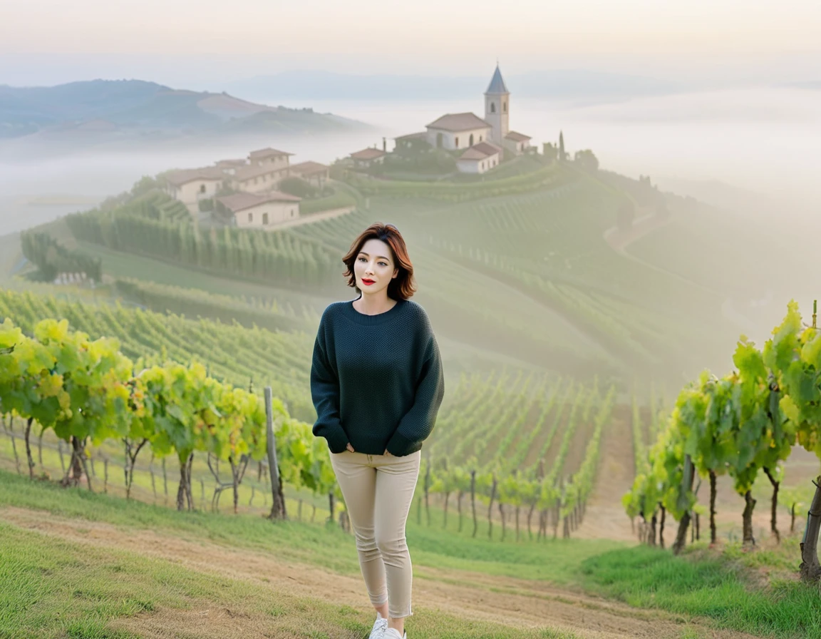 8k best picture quality, Beautiful 36-year-old Korean woman, short and nice weather. Chest size 34 inches, Dense fog at dawn in the Italian countryside, past the vineyard, The cathedral is visible in the fog in the distance., The back background is realistic and vivid quality., Short and medium hair blowing in the wind, luxury travel jumper, beige jeans, a faint smile. the background is clear, Short and slim Korean woman, stand far away, Photo taken with a wide-angle lens, Taken from a hill overlooking a misty vineyard.