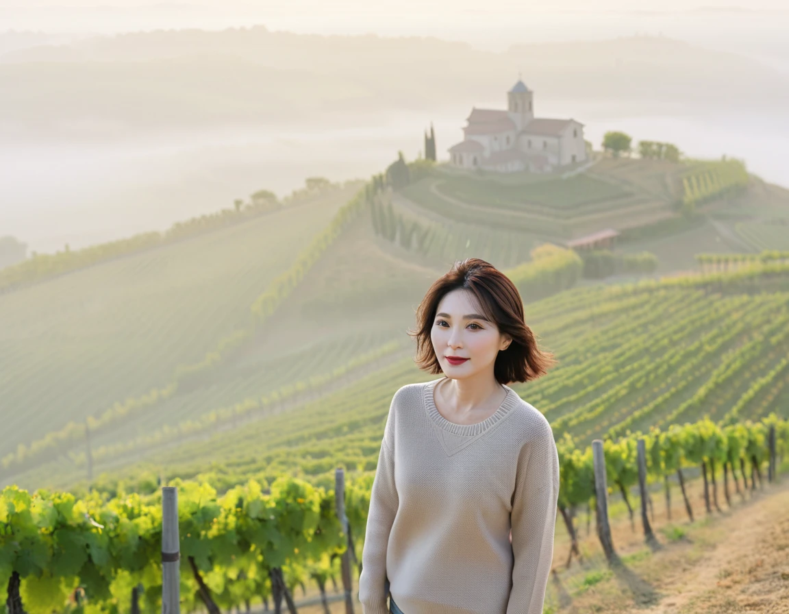 8k best picture quality, Beautiful 36-year-old Korean woman, short and nice weather. Chest size 34 inches, Dense fog at dawn in the Italian countryside, past the vineyard, The cathedral is visible in the fog in the distance., The back background is realistic and vivid quality., Short and medium hair blowing in the wind, luxury travel jumper, beige jeans, a faint smile. the background is clear, Short and slim Korean woman, stand far away, Photo taken with a wide-angle lens, Taken from a hill overlooking a misty vineyard.