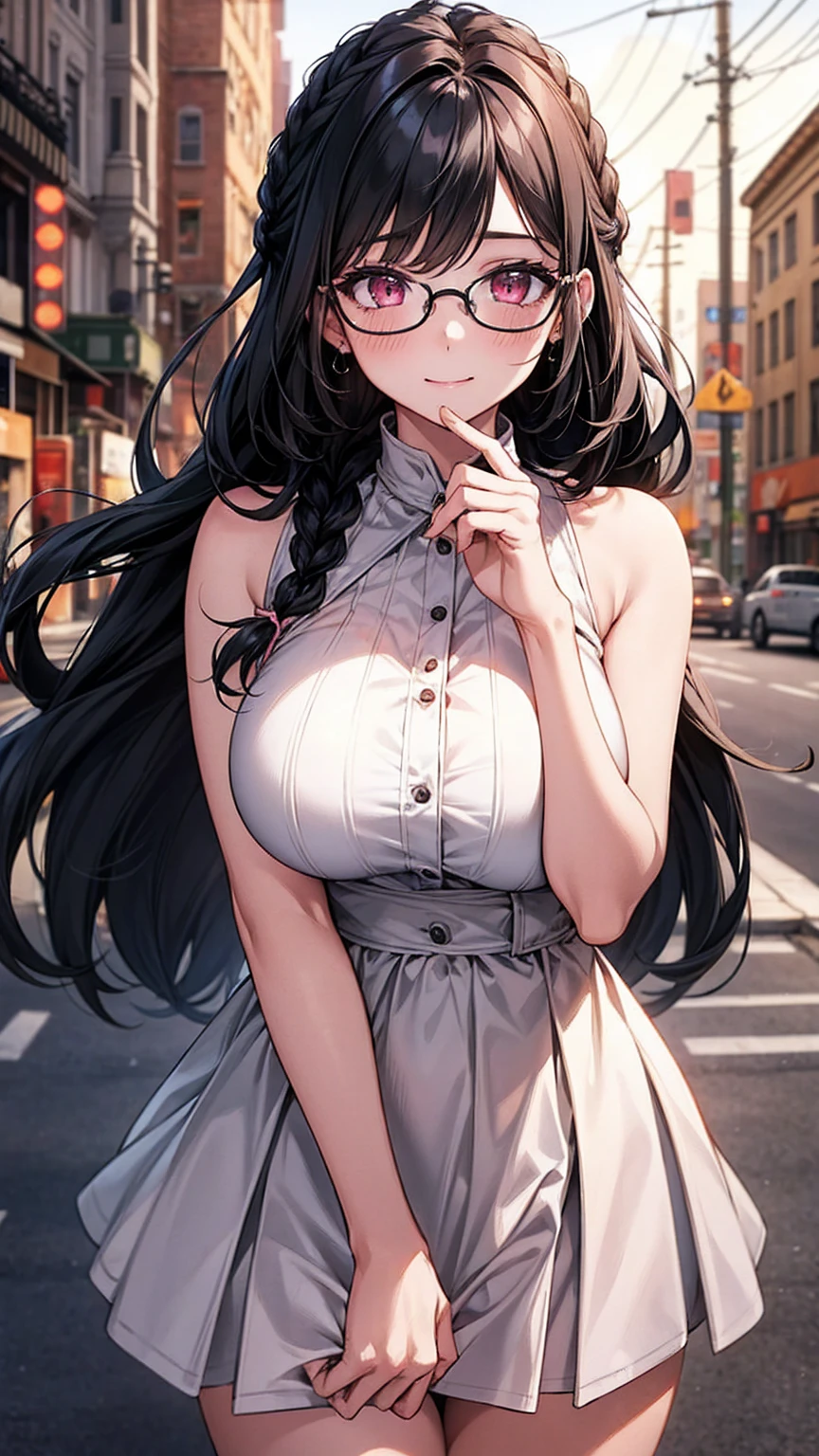 (best quality, Masterpiece), 1 girl, The sun shines, In the building, black hair, Beautiful long hair, braid, pink eyes, glasses, cute, Bright face, Good mood, Huge breasts, Fashionable clothes for a beautiful date, shy, 1 woman, young girl, (Goosebumps:0.7), Beautiful face, (shyไลเนอร์, lipstick:0.9), nighttime, street lights, fall, 4K, 8K, UHD, HDR, detailed background, background