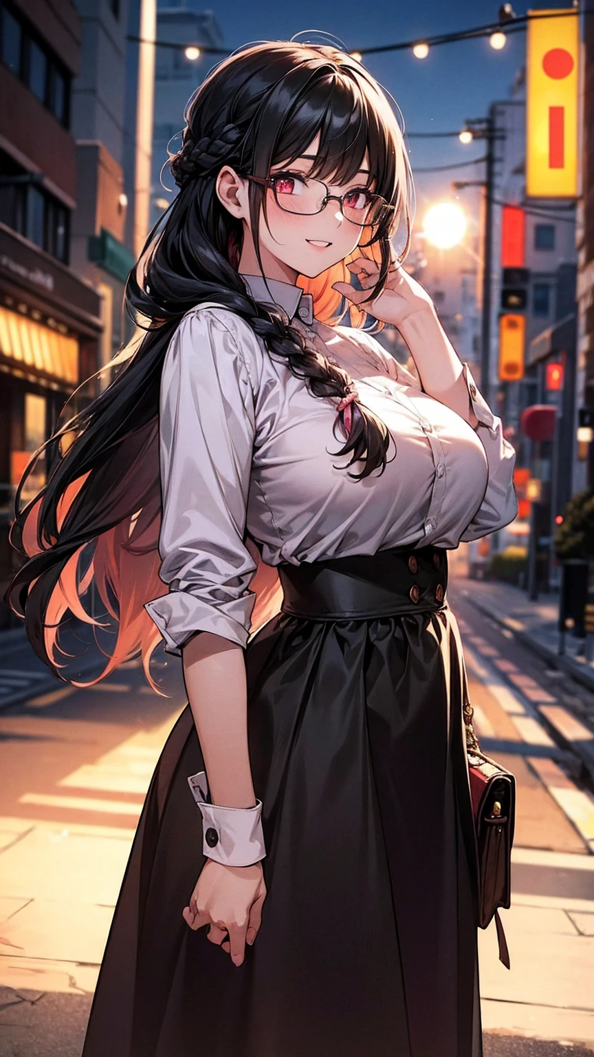 (best quality, Masterpiece), 1 girl, The sun shines, In the building, black hair, Beautiful long hair, braid, pink eyes, glasses, cute, Bright face, Good mood, Huge breasts, Fashionable clothes for a beautiful date, shy, 1 woman, young girl, (Goosebumps:0.7), Beautiful face, (shyไลเนอร์, lipstick:0.9), nighttime, street lights, fall, 4K, 8K, UHD, HDR, detailed background, background
