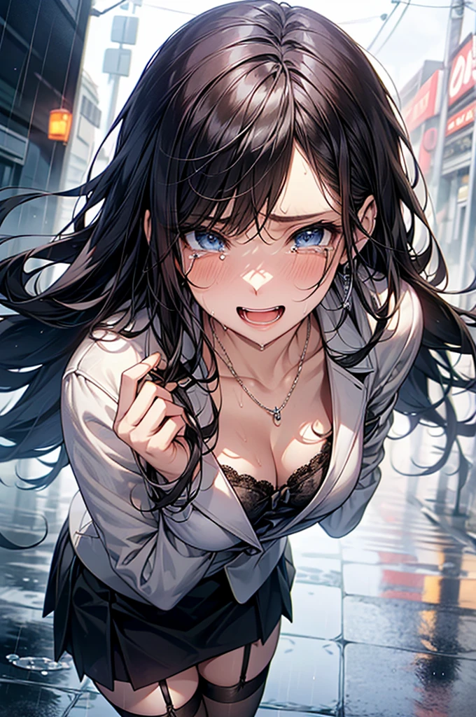 ((Biologically correct limb count))、(( Full-body photo including face))、4K、((Standing position))、masterpiece、((Focus on the face))、((Symmetrical facial features))、Eye for detailed depiction、Beautiful blue-haired woman、Excellent style、Beautiful clavicle、Beautiful feet、Beautiful Hands、Slender body、(blazer、skirt、Black Stockings、garter belt、High heels）、Facial detailing、Small earrings、necklace、tie、((Wet in the city with heavy rain))、Looking at the night view、(Low - Angle、下からskirtの中を撮影するカメラアングル)、(((Black Hair、Silver Hair)))、(((Tears and laughter)))、((Face forward and stick your chin out))、Close-up photo of the upper body、