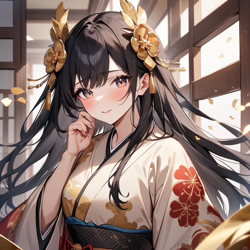 girl,Japanese style,Japanese Pattern,Black Hair,Long Hair,masterpiece, best quality, very aesthetic, absurdres,Gold and Black,Gold Leaf
