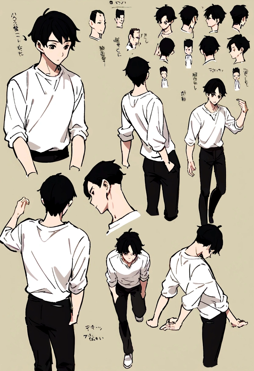 Black-haired man, , Character Design Sheet, Different postures, different angles,Facing forward, Wearing a white shirt,Character Design Sheet, Different postures, different angles, Simple background,whole body
