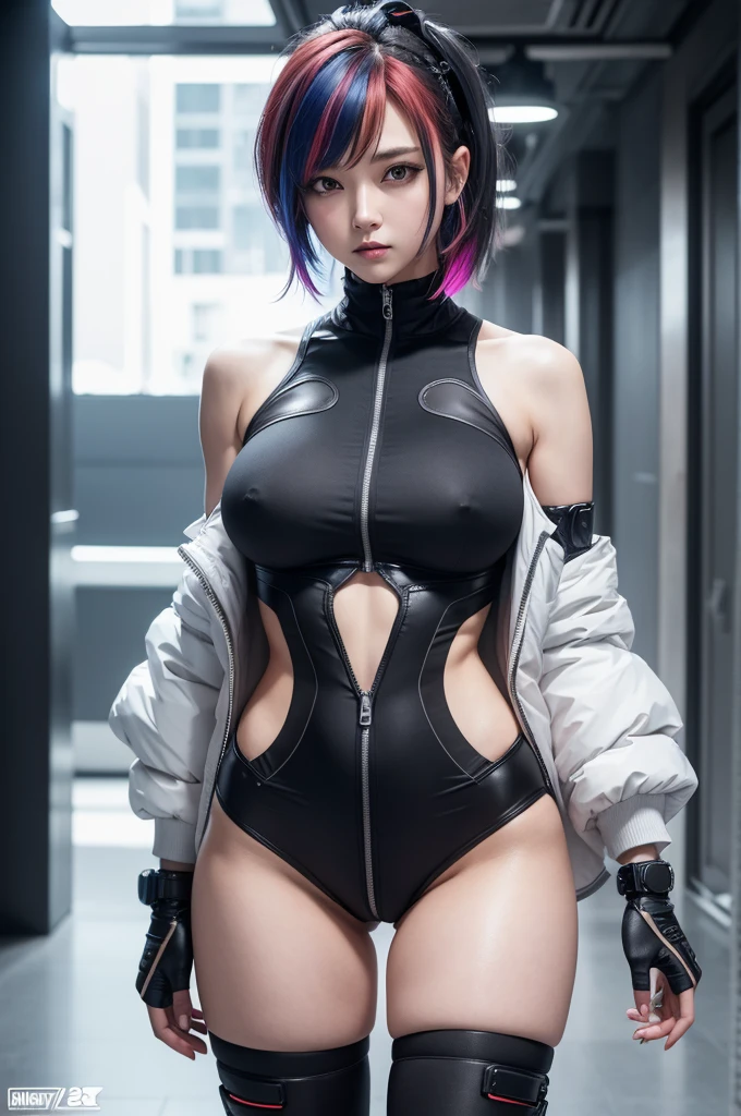 (Extremely detailed CG 8k unity wallpaper), (ultra detali), work of art, best qualityer, Lucia (cyber punk), May, standing alone, breastsout, cyber punk city, multicolored hair, shorth hair, gazing at viewer, medium breastsout, black May, grey-eyed, hip ventilation, clothing cutout, tight slit, covered navel, white jacket, bared shoulders, short shorts, sofa,