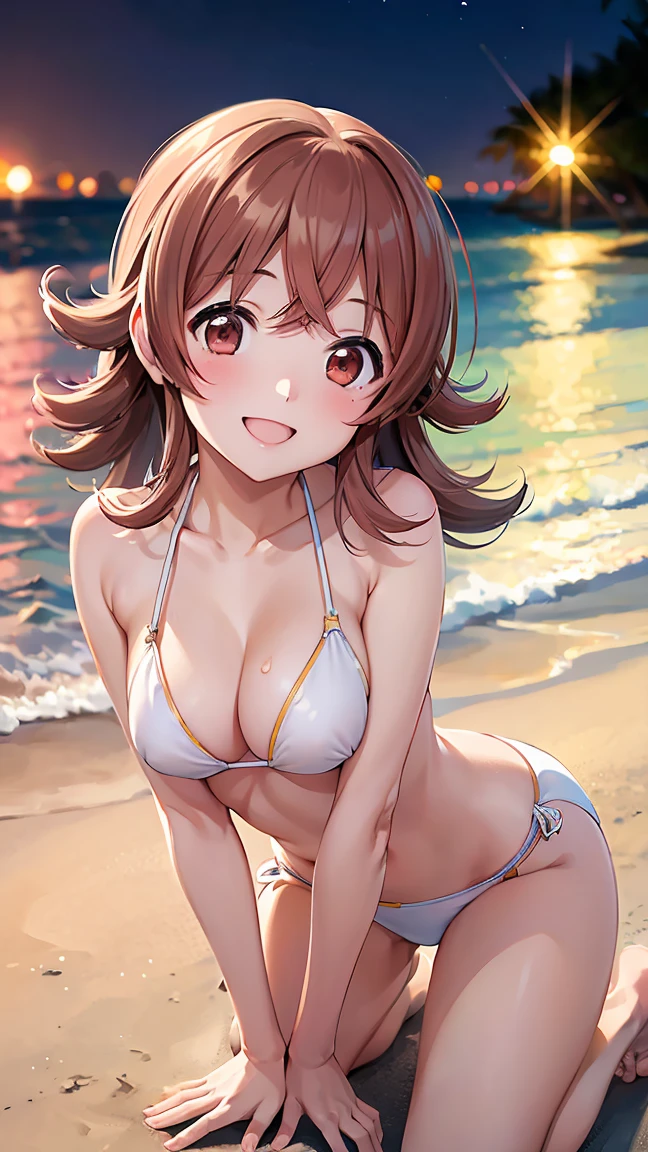 masterpiece, Highest quality, High resolution, Very detailed,(((Kaho Komiya))), (((White Bikini))), (((smile))), Beach at night