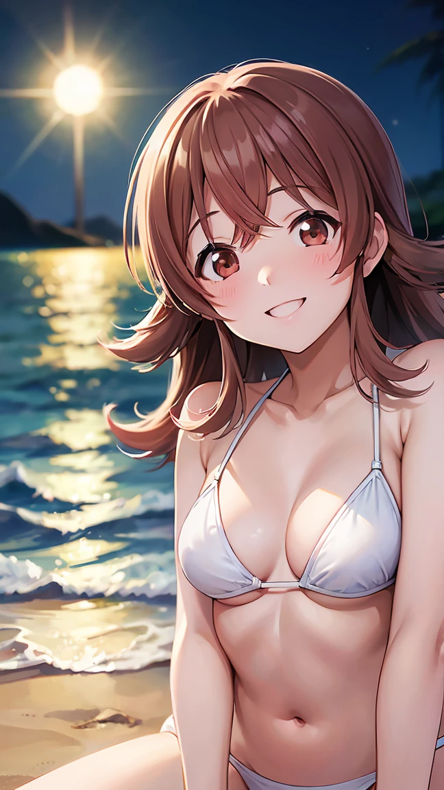 masterpiece, Highest quality, High resolution, Very detailed,(((Kaho Komiya))), (((White Bikini))), (((smile))), Beach at night