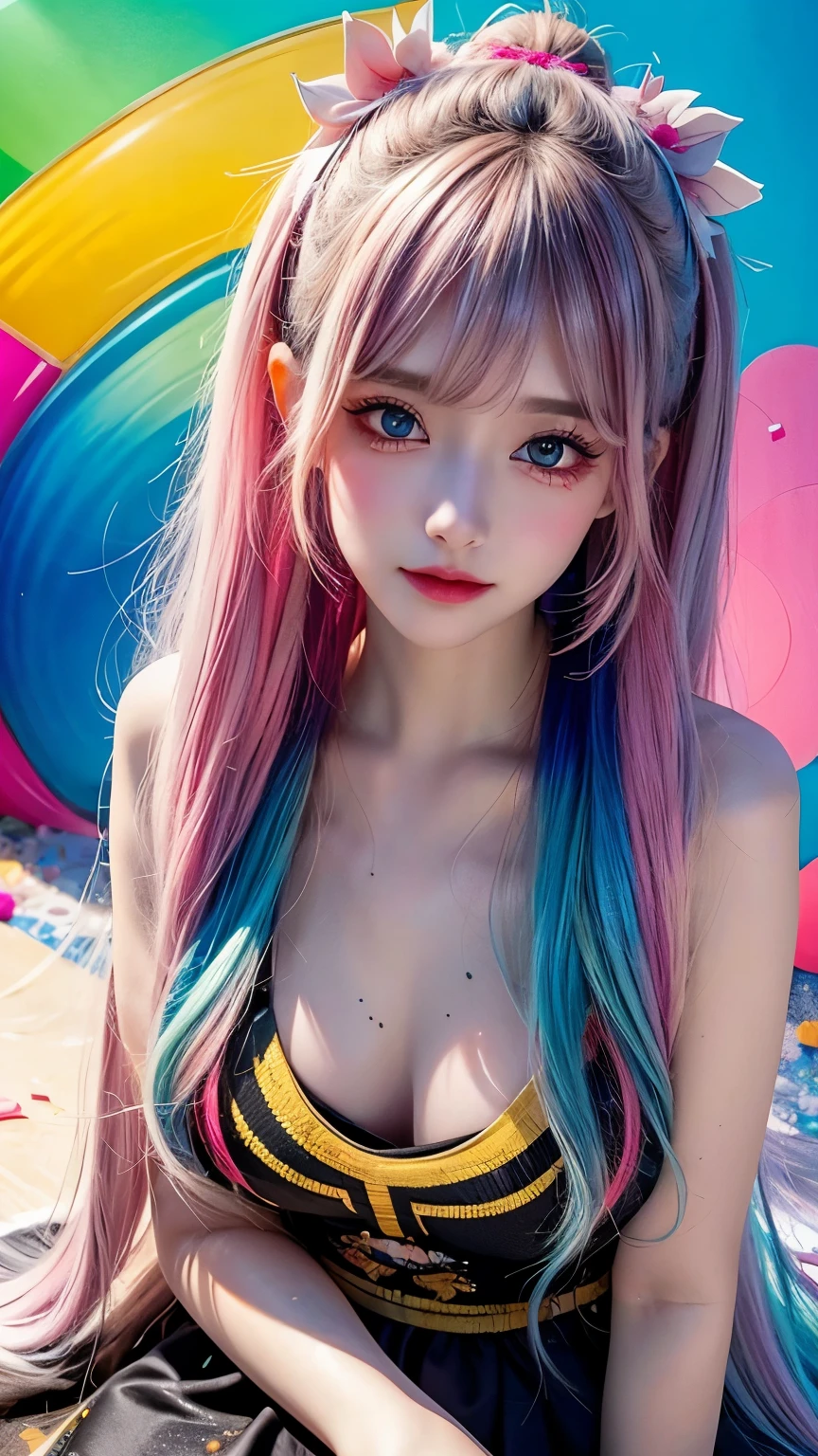 ((best qualtiy, 8k, tmasterpiece:1.3)), sharp:1.2, perfect figure beautiful woman:1.4, Slim abs:1.2, ((Layered Hair Style, huge tit:1.2)), (Long shirt with wet white buttons:1.1),(Sateen,the street:1.2),Get wet:1.5,Highly detailed facial and skin texture,A detailed eye,二重まぶた,Look sideways at the camera,open shirts,nabel,exposing your navel,Cover your chest with your hands,Hands on the chest,(Colorful hair:1.8),(Rainbow all colors:1.8),((((Vertical painting:1.6))),(painting of a:1.6),frontage,comic strip,illustration,painting of a,largeeyes,crystal-clear,(rainbow color gradient high ponytail:1.7),Delicatemakeup,Keep one's mouth shut,(Small Fresh:1.5),long eyelasher,looking at viewert,watery big eyes,(rainbow colour hair:1.6), colored splashing, (Solo:1.8), colored splashing, Color explosion, Color splattering, Color explosion, Thick lacquer style,Messy lines,((Shining)) ,(Colorful), (Colorful), (Colorful), Colorful, Thick Paint Style, (Splash) (colored splashing), Vertical painting, Upper body, paint splatter, Acrylic Pigment, Gradient, Paint, Highest image quality, Highest image quality, Masterpiece, Solo, Depth of field, facepaint, (ellegance: 1.2), opulent, long whitr hair, ventania, (ellegance: 1.3), (petals: 1.4),(((Masterpiece))),(((Best quality at best))),((ultra - detailed)),(illustratio),(dynamic angle),((floatking)),(Paintwork),((Loose hair)),(Solo),(1girll) , (( (Detailed anima face))),((Beautiful detailed face)),collars,exposed bare shoulders,whaite hair,((The color hair)),((Striped hair)),Beautiful detailed eyes,No cleavage,(Gradient color eyes),(( (Colored eyes))),(((coloured background))),(((high saturated))),(((Surrounded by colorful splashes))),