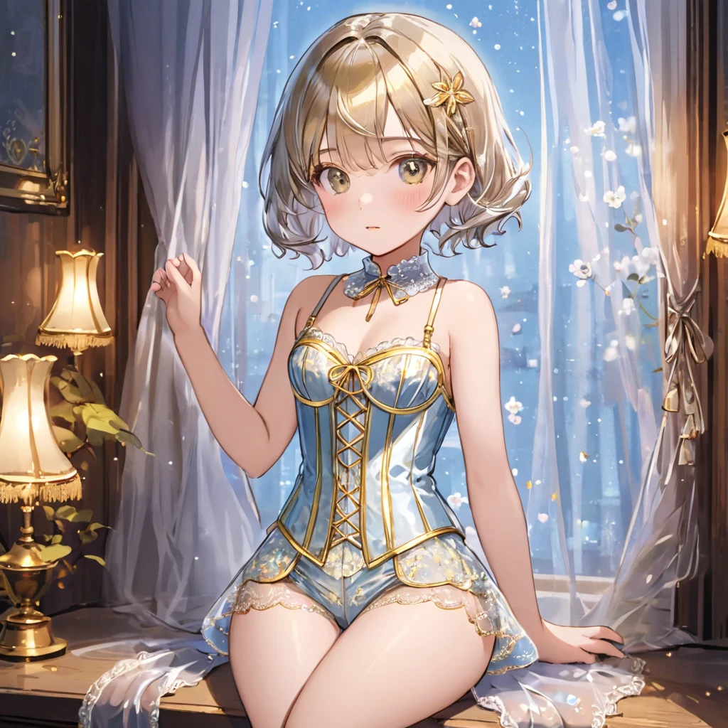 8-year-old girl, １people、Pajamas、Gold and silver thread embroidery、Translucent underwear that reaches below the knee（Bloomers）wear、wear a semi-transparent corset、Translucent slip