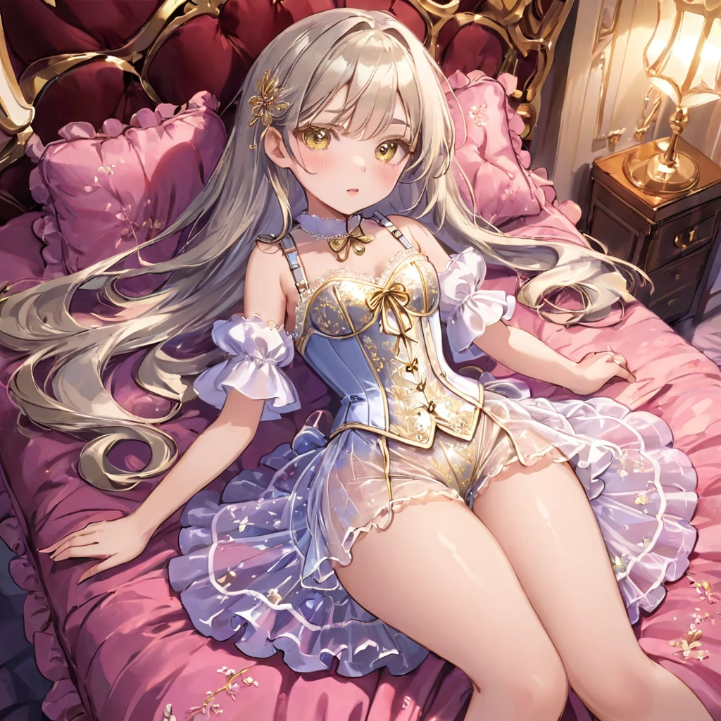 , １people、Pajamas、Gold and silver thread embroidery、Translucent underwear that reaches below the knee（Bloomers）wear、wear a semi-transparent corset、Translucent slip