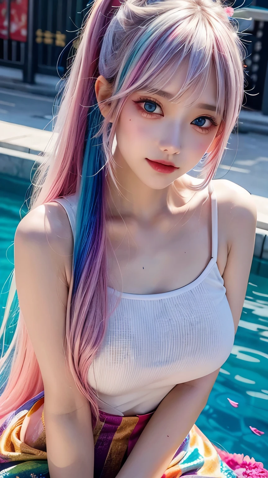 （Pink fashion T-shirt：1.9），（Colorful hair：1.8），（Rainbow all colors：1.8），（（（（Vertical painting：1.6)）），（painting of a：1.6），frontage，comic strip,illustration,painting of a,largeeyes,crystal-clear,（rainbow color gradient high ponytail：1.7）,Delicatemakeup,long eyelasher,looking at viewert，watery big eyes，huge boob，Open chest，The kinky is exposed，exposing your navel，legs separated，Pubic hair shows through，(rainbow colour hair：1.6), colored splashing, （Solo：1.8）, colored splashing, Color explosion, Color splattering, Color explosion, Thick lacquer style，Messy lines，((Shining)) ，(Colorful), (Colorful), (Colorful), Colorful, Thick Paint Style, (Splash) (colored splashing), Vertical painting, paint splatter, Acrylic Pigment, Gradient, Paint, Highest image quality, Highest image quality, Masterpiece, Solo, Depth of field, facepaint, Colorful clothes, (ellegance: 1.2), opulent, long whitr hair, ventania, (ellegance: 1.3), (petals: 1.4)，(((Masterpiece))),(((Best quality at best))),((ultra - detailed)),(illustratio),(dynamic angle),((floatking)),(Paintwork),((Loose hair)),(Solo),(1girll) , (( (Detailed anima face))),((Beautiful detailed face)),exposed bare shoulders,whaite hair,((The color hair)),((Striped hair)),Beautiful detailed eyes,(Gradient color eyes),(( （Colored eyes））），（（（coloured background））），（（（high saturated））），（（（Surrounded by colorful splashes））），