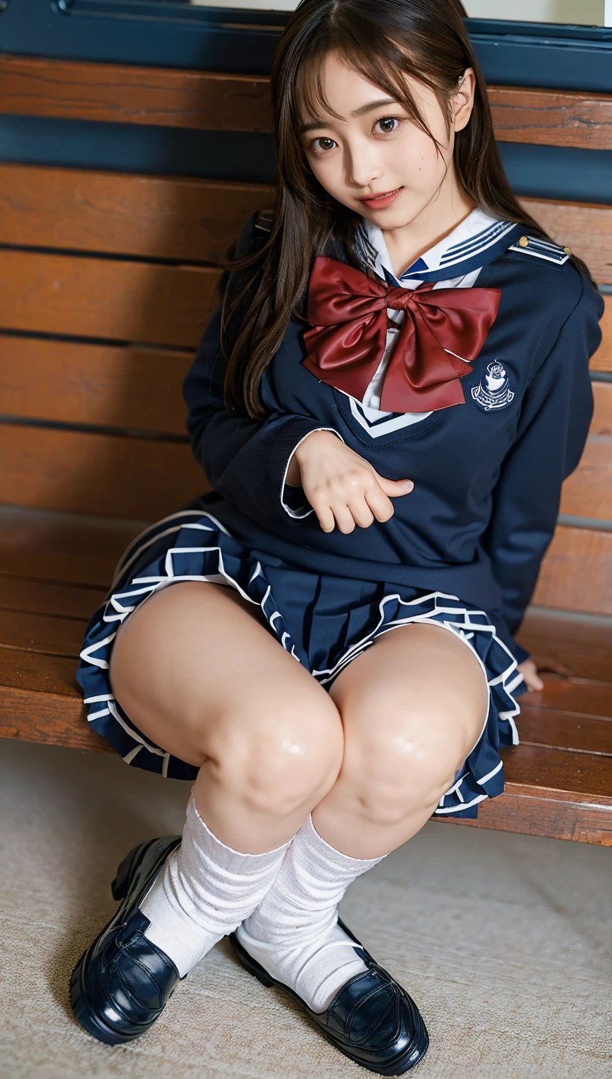 ((highest quality、8k、masterpiece:1.3)),((((fullbody shot)))),Ultra-high resolution,big eyes,Japanese,bangs,(a girl),(1 girl),((20 years old)),((facing at viewer)),((looking at viewer)),(long hair),(((black sailor uniform))),grin,((sitting)),(pleated mini skirt),(((platform shoes)))