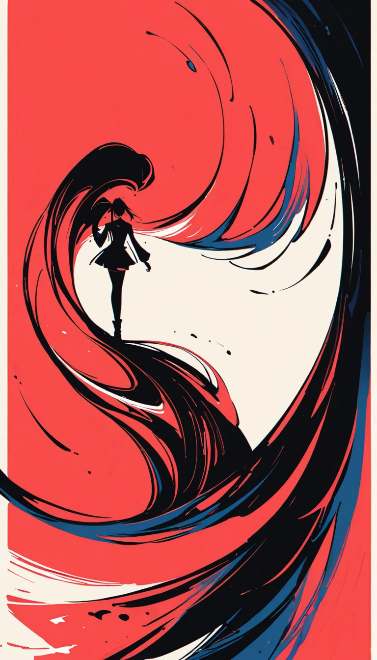 Ponytail girl, Gothic style, Minimalism, Linear style, Huge negative space, Ink Painting, Abstract