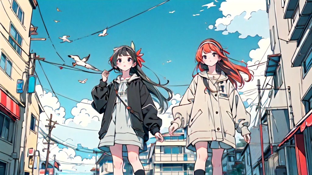 High definition,4k,Two Girls,Two good friends,null,cloud,Outdoor,Black Hair,bird,Upward view,blue null,White socks,Daytime,building,Long sleeve,leaf,Long Hair,red head band,Pump rope,head band,bangs,cloudy null,from_Under,wide_shot,nullに浮いている二人,