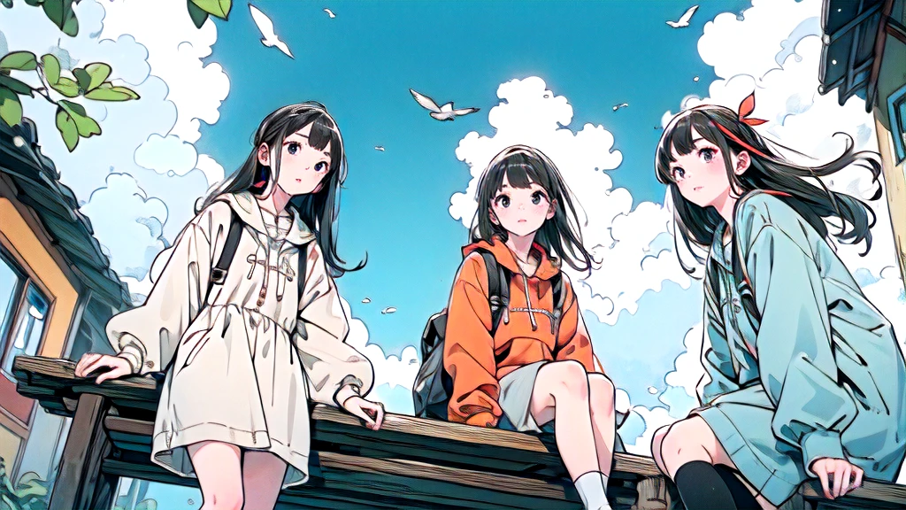 High definition,4k,Two Girls,Two good friends,null,cloud,Outdoor,Black Hair,bird,Upward view,blue null,White socks,Daytime,building,Long sleeve,leaf,Long Hair,red head band,Pump rope,head band,bangs,cloudy null,from_Under,wide_shot,nullに浮いている二人,