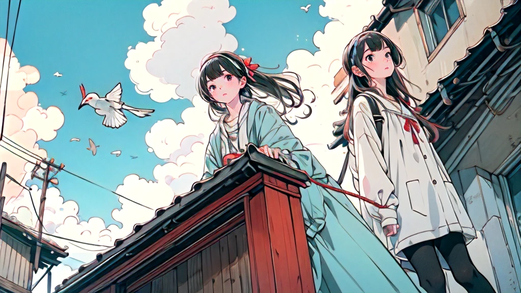 High definition,4k,Two Girls,Two good friends,null,cloud,Outdoor,Black Hair,bird,Upward view,blue null,White socks,Daytime,building,Long sleeve,leaf,Long Hair,red head band,Pump rope,head band,bangs,cloudy null,from_Under,wide_shot,nullに浮いている二人,