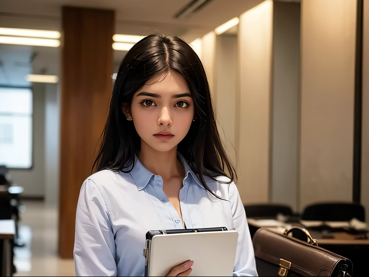 ((best quality)), ((masterpiece)), (detailed), A young Indian woman walking in an office setting with a worried expression on her face and a briefcase in her hand