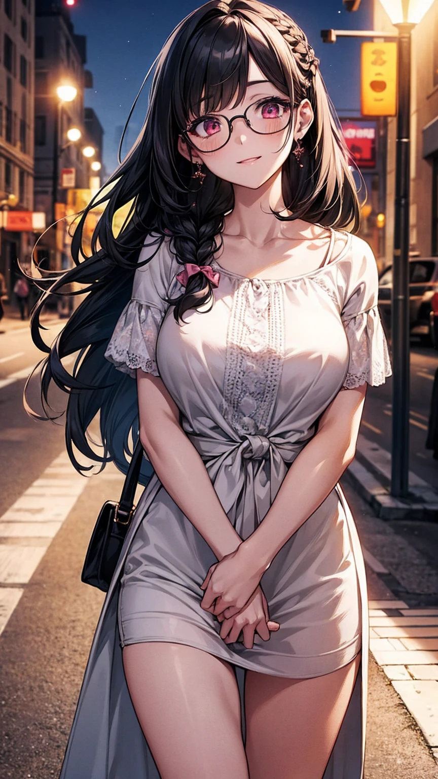 (best quality, Masterpiece), 1 girl, The sun shines, In the building, black hair, Beautiful long hair, braid, pink eyes, glasses, cute, Bright face, Good mood, Huge breasts, collarbone, Fashionable clothes for a beautiful date, shy, 1 woman, young girl, (Goosebumps:0.7), Beautiful face, (shyไลเนอร์, lipstick:0.9), nighttime, street lights, fall, 4K, 8K, UHD, HDR, detailed background, background