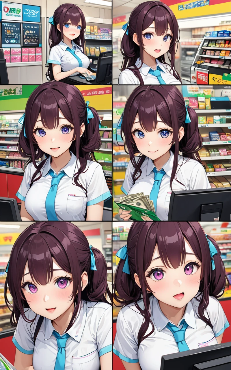 Highest quality、super high quality、16K, Delicious breasts、Facial expressions are random、The place is a convenience store、 Hair color is random、The pose is random、The distance is random、Angles are random、Small face、Very delicate facial expressions、Delicate eye depiction、Highly detailed hair、Erotic、18-year-old female、Glowing Skin、Soft Skin、The only sexy Japanese woman、The clothes are random convenience store clerks、2 women、